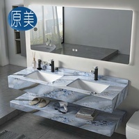 1400mm Double Bol Vanité Marbre Montage Mural Évier Double Couche Lavabo Fritté Pierre Dalle Salle De Bains Cabinet Avec Miroir pour Hôtel