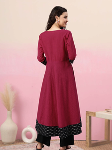 Cotton Slub Anarkali <b>Kurta</b> Dress Ikat Printed Floral Blouse Ethnic <b>Women</b> Summer Casual Knee-Length Sun Protection - Product Image 2