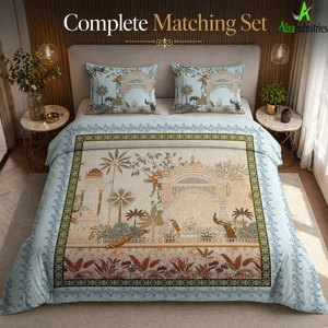 Peacock Garden Palace Print Cotton <b>King</b> Size Bedsheet Set | 3 Piece Pastel Blue <b>Bedspread</b> with Pillow Covers Bedding Collection - Product Image 6