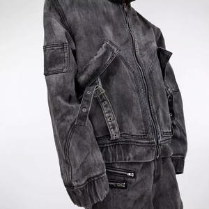 High Quality Oversized Men Baggy Gray Denim 2 Piece Set Cargo Pocket Vintage Washed Man <b>Tracksuit</b> Set - Product Image 5