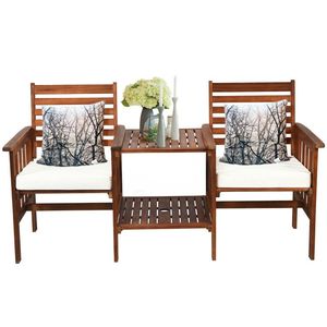 Acacia <b>Wood</b> Loveseat Outdoor Patio <b>Table</b> and Chairs Set 3-Piece <b>Garden</b> Furniture - Product Image 2
