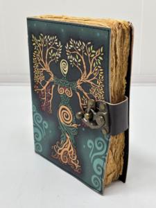 Handmade Embossed Leather Journal <b>with</b> Tree Design, Antique Metal <b>Lock</b>, Deckle Edge Paper and Rustic Artisan Bound Cover - Product Image 2