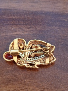 Vintage Gold <b>Tone</b> 925 Silver Amaira Jewels Luxury Peacock Brooch Pear Cut Crystal Rhinestones <b>Red</b> Center Stone Party Wedding - Product Image 3