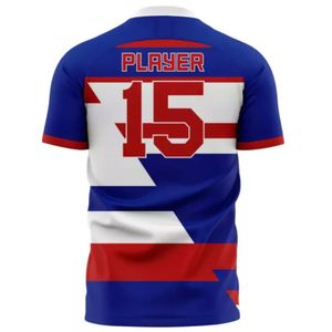 Maillot de football bleu roi et rouge avec rayures blanches, tissu respirant pour joueurs et clubs - Product Image 2