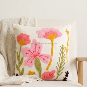 Floral Tufted Pillow <b>Cover</b> Decorative <b>White</b> Elegant 18x18 Indian Wholesale Lightweight Pillowshams for <b>Sofa</b> Bed Decor - Product Image 1