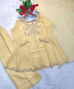 MODERN CRUNCHY COTTON WEAVING EMBROIDERY WORK <b>TOP</b> PALAZZO with DUPATTA <b>FESTIVE</b> WEAR WHOLESALE PRICE ETHNIC GARMENT LIGHT YELLOW - Product Image 2