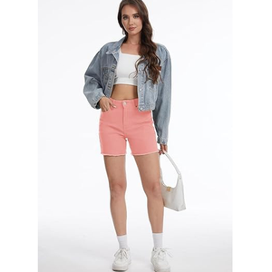 Shorts de Mezclilla Rosa de Cintura Alta, Color Sólido, Cierre de Botones, Estilo Casual, Tejido de Algodón Transpirable, Ropa de Verano para Mujer - Product Image 1