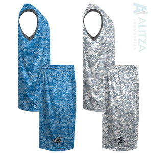 Ensemble de maillot de basket-ball personnalisé Hawks, motif camouflage, débardeur sans manches à col en V avec short assorti, unisexe adulte - Product Image 3