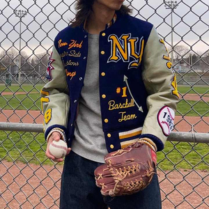 Chaqueta Varsity para Hombre, Color Azul Marino y Crema, Mangas de Cuero, Logotipo NY Bordado, Parche del Equipo de Béisbol 1983, Conjuntos Deportivos para Hombre - Product Image 2