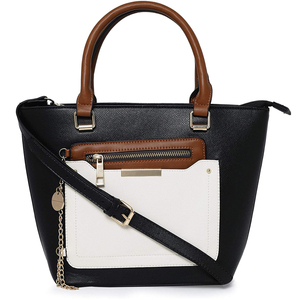 Sac fourre-tout en cuir noir avec poignées marron et quincaillerie dorée, design tissé écologique, fournisseur OEM - Product Image 6