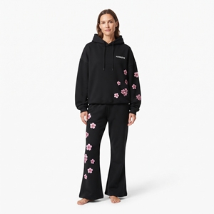Conjunto de Sudadera con Capucha y Pantalones Deportivos para Mujer, Estampado Floral Negro, Sudadera con Cordón, Pantalones Largos Acampanados, Atuendo Informal para Descansar - Product Image 5