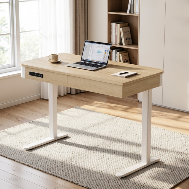 PRORIALS Ergonomic Adjustable Height Solid Wood Desk Durable Minimalist Standing Desk Home Office with Drawers USB Type-C