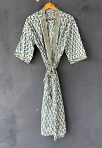 Bata tipo kimono con cuello en V y estampado floral de algodón para mujer, bata de baño ligera de manga larga y corte holgado, bata suave y transpirable - Product Image 2