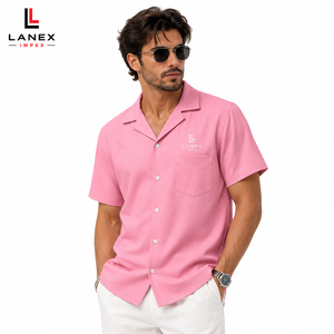 Chemise Hawaïenne Rose pour Homme en Gros, Imprimée sur Mesure, Col Camp, Boutonnée, Légère en Polyester, pour Vacances Tropicales et Plage, OEM - Product Image 1