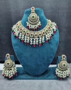 Handcrafted Round Stone Heavy Choker Necklace With Earrings And Mangtika Traditional Ethnic Designer Fashion Jewellery Wholesale - Product Image 2