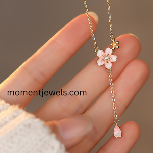 925 Silver Flower Pendant Necklace Gold Plated Pink Enamel Cherry Blossom <b>Locket</b> Chain Necklace for Women Gift - Product Image 3