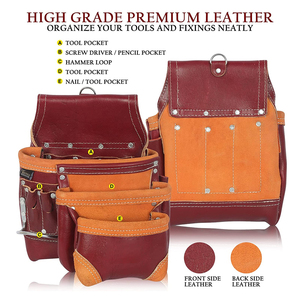 Leather <b>Tool</b> <b>Belt</b> <b>Pouch</b> With Multiple Pockets And Hook For <b>Tools</b> Storage Orange And Burgundy Color - Product Image 4