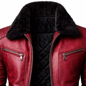 Veste en cuir de vachette pour homme, style vintage, doublure en fausse fourrure, plusieurs couches, fermeture éclair, imperméable, écologique, logo sur le devant - Product Image 3