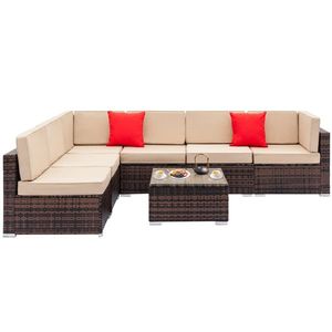 Set Divano 7 Pezzi in Rattan e Legno Teak Marrone con Cuscini Impermeabili, Telaio in Alluminio e Rattan PE per Esterni e Uso in Fattoria - Product Image 2