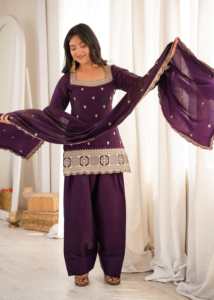 Designer Glass Roman Silk Fabric With Embroidery Sequence Dori And Jari Work <b>Top</b>, Dupatta Set With Farshi Salwar Ready To Wear - Product Image 5