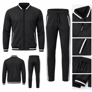 Unisex Black Full <b>Zip</b> Eco-Friendly Tracksuit Set Casual Solid Color Polyester Cotton <b>Joggers</b> Side <b>Pockets</b> Breathable Winter - Product Image 1