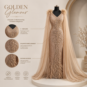 Robe de soirée de luxe en or champagne perlée pour femme, élégante, col en V, avec cape en plumes, robe longue formelle pour mariage, fête, bal de promo, cocktail - Product Image 5