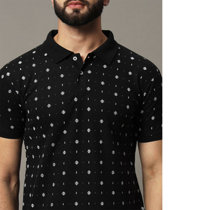 Polo à manches courtes pour homme, noir, imprimé géométrique, tricoté, coupe décontractée - Product Image 3