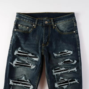 Jeans en denim noir déchiré et délavé, coupe slim, extensible, style hip-hop, pour hommes, vente en gros - Product Image 6