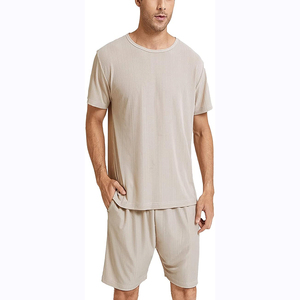 Men's Casual Short Sleeve Terry Pyjamas <b>Set</b> Soft Summer Neck T-Shirt Pockets Shorts Solid Breathable Sleepwear 100% Organic - Product Image 2