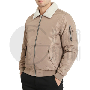 Chaqueta Bomber Beige para Hombre, Cuello de Piel Sintética, Cierre de Cremallera, Resistente al Viento, Ropa Exterior Informal de Invierno, Corte Regular, Exterior de Poliéster Grueso - Product Image 2