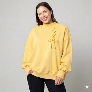 Women's Yellow Oversized Mock Neck Lace Up Bow Sweatshirt <b>Drop</b> Shoulder Long Sleeve Casual Fleece Pullover Loose Fit - Product Image 1