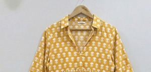 Chemise artisanale imprimée au bloc, 100 % coton, style traditionnel indien, formelle, écologique, respirante, col en V, manches bouffantes, silhouette trapèze - Product Image 4
