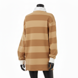 Camiseta de Rugby para Mujer, Tejido Jersey de Algodón Grueso de 260 GSM, Color Marrón Beige con Paneles a Rayas, Logotipo con Pedrería, Personalizada - Product Image 5