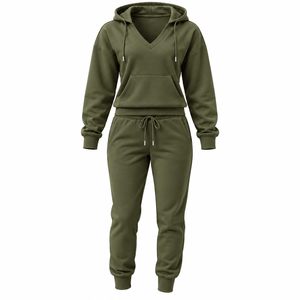 Ensemble de survêtement streetwear pour femmes, sweat à capuche personnalisé à col en V et pantalon de jogging, 2 pièces, en molleton French Terry, séchage rapide, vêtements de sport - Product Image 4