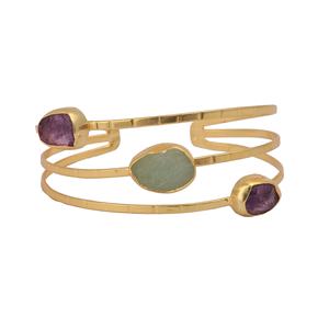 Designer Triple-Layered Textured <b>Silver</b> <b>Bracelet</b> Gold-Plated Aquamarine Citrine Gemstone <b>Adjustable</b> Bangle with Diamond Stone - Product Image 6