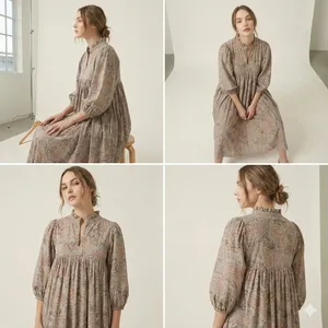 Robe midi décontractée d'été pour femme en coton kaki à imprimé floral, coupe trapèze ample, col en V et manches bouffantes - Product Image 3