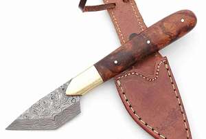 Handcrafted Raindrop Damascus Steel Precision <b>Craft</b> Utility <b>Knife</b> Burl Wood Handle Brass Bolster Leather Sheath - Product Image 1