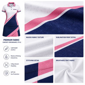 ชุดเสื้อโปโลและกระโปรงกอล์ฟสำหรับผู้หญิง MEGAMAPLE สีเขียว ขาว ทอง ลายพิมพ์แบบ Sublimation ระบายอากาศได้ดี แห้งเร็ว ผ้ายืดสแปนเด็กซ์ - Product Image 2
