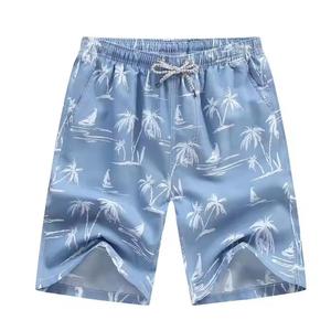 Men's Blue Palm Tree Print Board Shorts Quick Dry <b>Elastic</b> Waist Casual Style Bermuda Length Polyester Fabric Pockets - Product Image 2