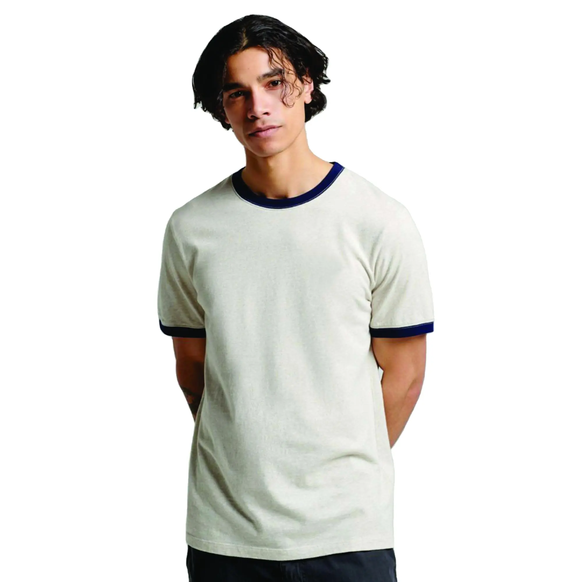 Camiseta deportiva con cuello redondo y logotipo personalizado, camiseta con timbre en blanco, camiseta de manga corta de algodón con cuello en contraste, aros, camiseta con timbre para hombre