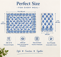Ensemble de 4 sets de table et serviettes bohèmes imprimés à la main, 100 % coton, motif floral bleu, fins, lavables en machine, pour la décoration de table à manger