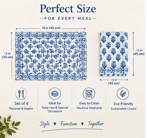 Ensemble de 4 sets de table et serviettes bohèmes imprimés à la main, 100 % coton, motif floral bleu, pour décoration de table à manger, en tissu lavable - Product Image 4