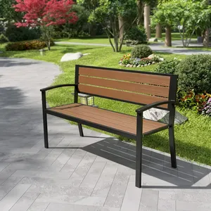 Two Seater Office <b>Sofa</b> <b>Bench</b> with Wooden Slat Seat Backrest Black Metal Frame Armrests for Reception Lobby Waiting Area - Product Image 1
