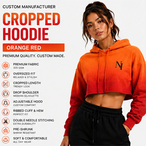 OEM/ ODM Custom Women Cropped Hoodie <b>Orange</b> Red Oversized Fit Drop Shoulder Embroidered Letter Front <b>Fleece</b> Autumn Wear - Product Image 1