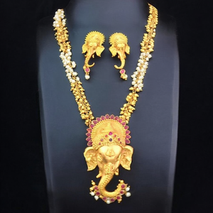 18K Gold Plated <b>Bridal</b> <b>Jewelry</b> <b>Set</b> Pearl Chain with Ganesh Pendant and Stud Earrings - Product Image 2