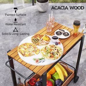 Carrello da Bar a 2 livelli in legno di Acacia con ruote per arrotolare caffè e bevande Set da portata 3 portabottiglie Teak - Product Image 6