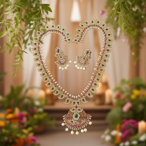 Matte Finish South Indian Style Long Haram Fashion Jewelry Set - Product Image 3