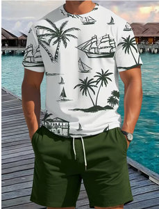Ensemble t-shirt et short d'été pour hommes, motif imprimé palmier et voilier, tenue décontractée tricotée respirante, col rond, blanc et vert - Product Image 2