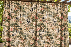 Paneles de Cortina con Diseño Floral de Grullas Estilo Chinoiserie, Cortinas Beige con Estampado Botánico para Sala de Estar - Product Image 4