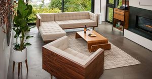 Midcentury Modern L Shape Sectional <b>Sofa</b> Set With Tufted <b>Fabric</b> Upholstery Solid Wood Frame For Living Room - Product Image 2